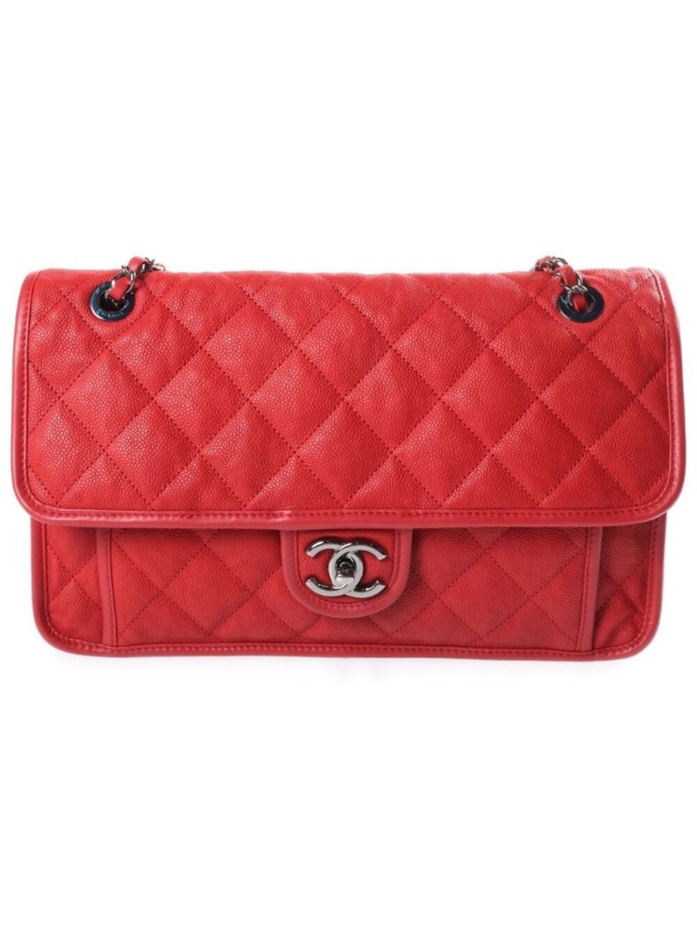 Chanel French Riviera Chain Shoulder Bag Red Caviar Leather Gunmetal
